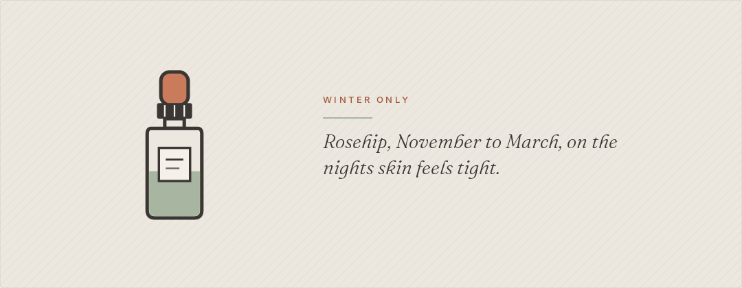 Rosehip, November to March, on the nights skin feels tight.